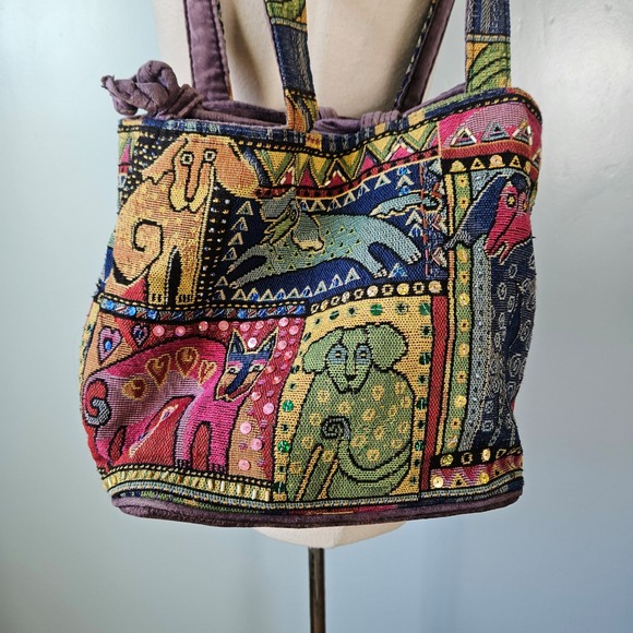 Laurel Burch Handbags - Vtg Laurel Burch Tapestry Tote Bucket Bag Dog Patchwork Sequin Beaded Drawstring